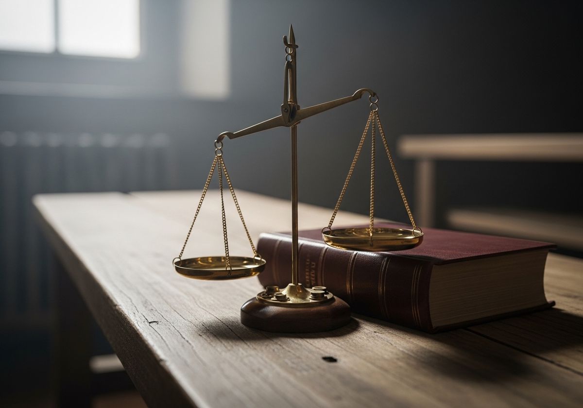 A pair of brass scales of justice resting slightly out of balance on a wooden courtroom bench in cool morning light, an old leather-bound book beside them — a quiet editorial image of a contested idea weighed carefully.