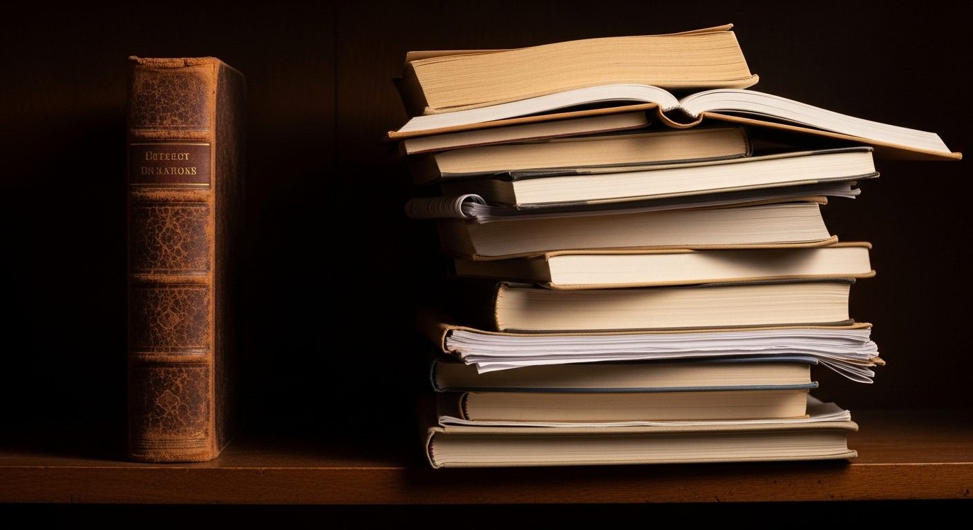 A single old leather-bound book standing alone on a bare shelf in cool shadow, beside a stack of newer open journals and papers in brighter daylight — a quiet image of a field moving on from one contested source to a body of peer-reviewed evidence.