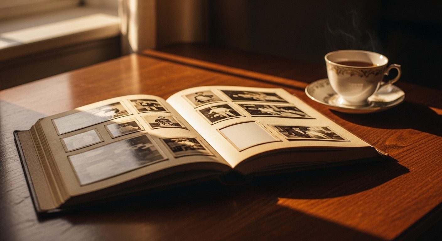 An open photo album on a table with one empty photo slot among older filled ones, beside a single half-full teacup in soft warm afternoon light — a quiet editorial image of remembrance and the gap where a grandchild's new memories should be.