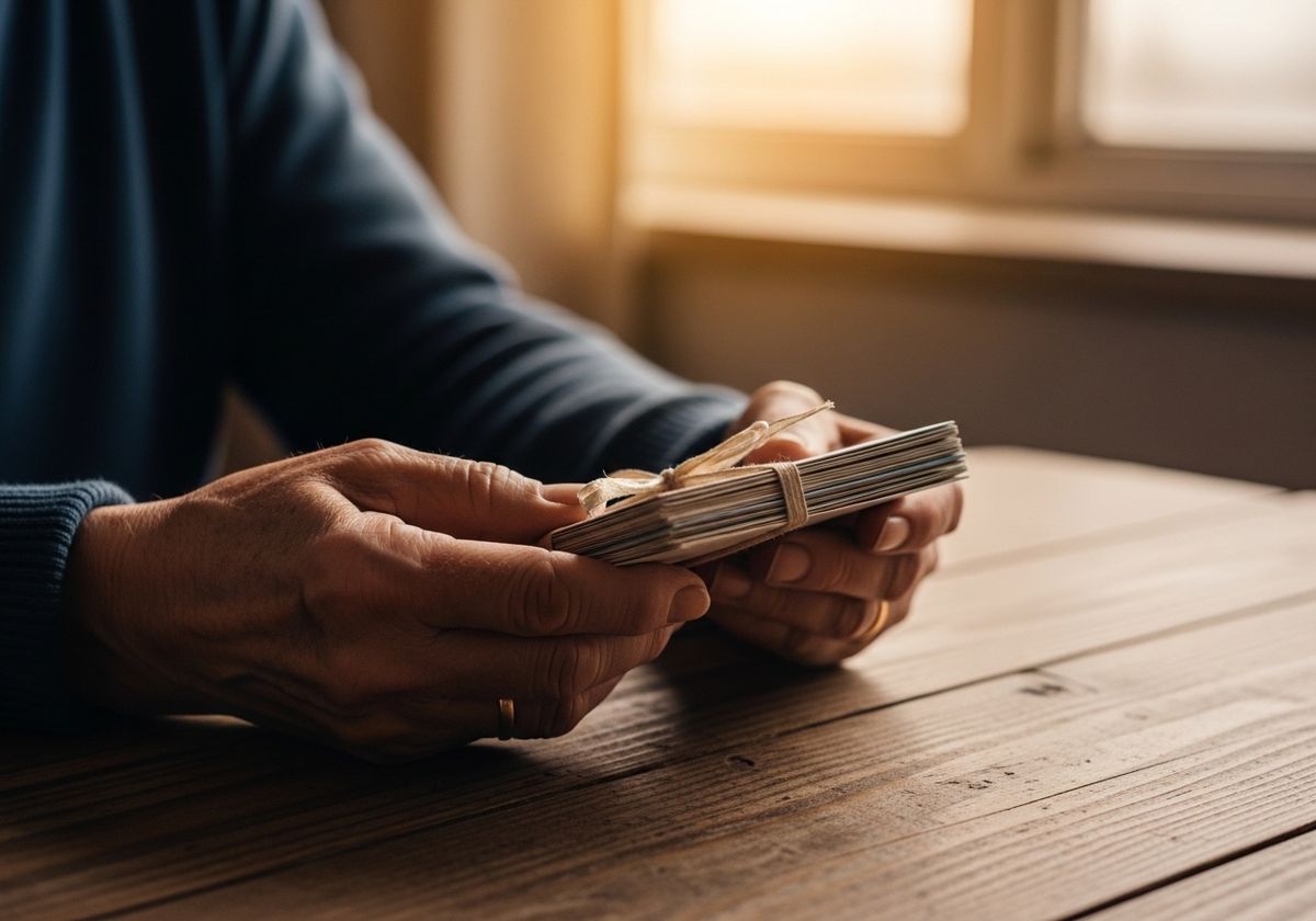 An older person's weathered hands holding a small neat stack of unsent birthday and greeting cards tied together with a soft ribbon, resting on a wooden table in warm window light — a quiet editorial image of the faithful, patient love a grandparent keeps for a grandchild who cannot yet receive it.