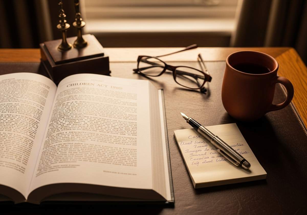A printed copy of the Children Act 1989 open on a heavy oak desk, with a fountain pen and a small handwritten case note resting on top, photographed in soft warm afternoon light through a south-facing window — a quiet editorial detail of the legal apparatus a UK grandparent application runs on.