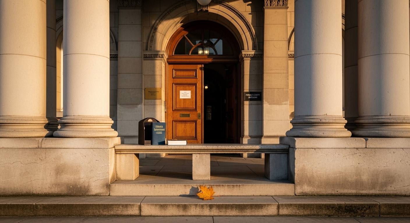An editorial photograph of the stone columns and archway of a UK family court entrance in soft late-afternoon autumn light, with a small leather document holder and a copy of the Children Act 1989 visible on a low stone bench inside the archway and a single fallen amber leaf on the steps — a visual marker for the moment a grandparent prepares to apply for leave to issue under section 10(9).