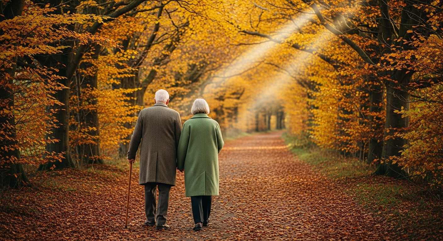 A grandfather and grandmother walking side by side in soft autumn light along a quiet country footpath through golden trees, seen from behind, the man with a walking stick — a quiet editorial image of the long, patient road most UK grandparent applications take, and the steady companionship that sustains the wider family through the legal process.