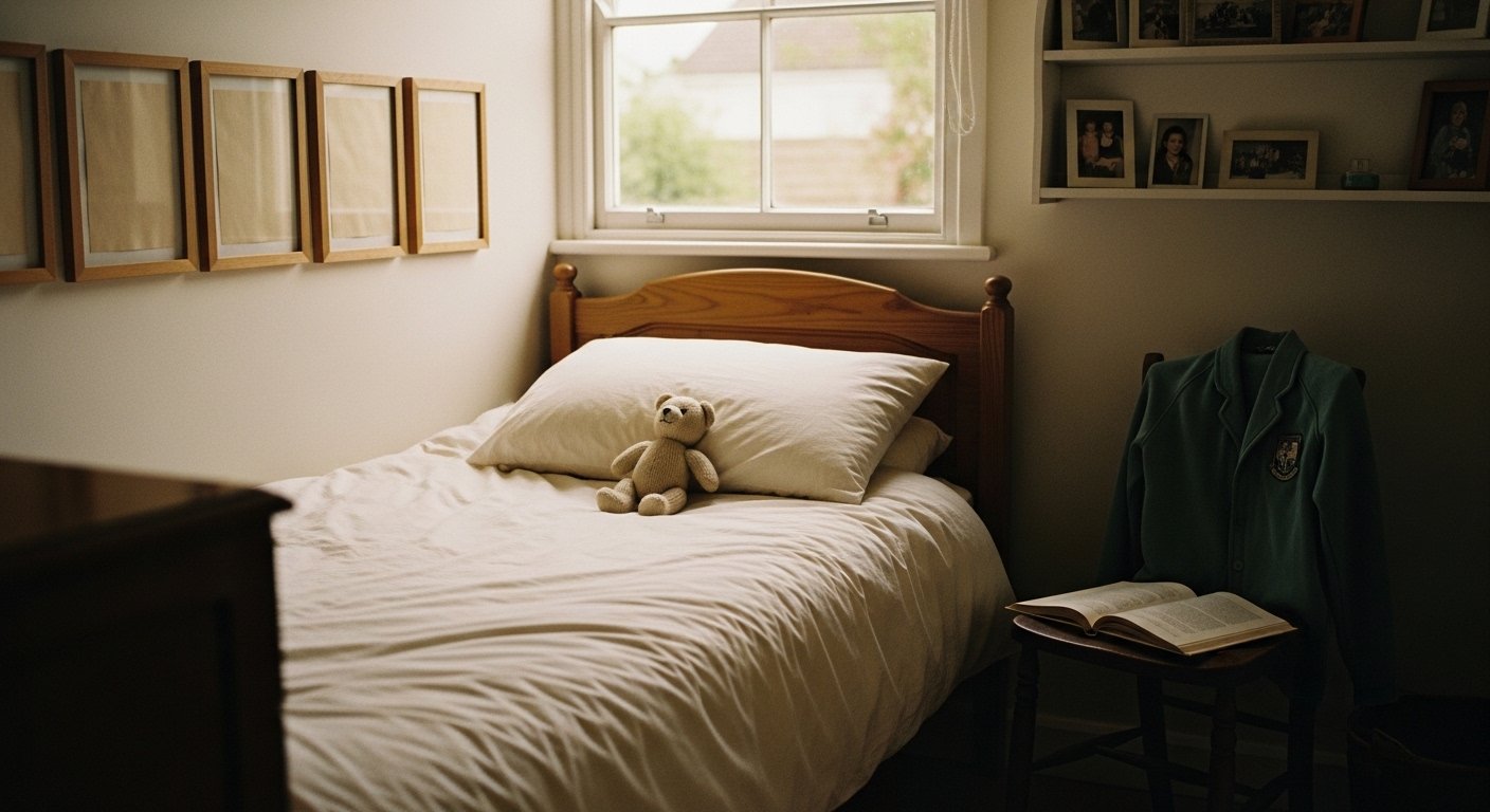 An editorial photograph of a child's small bedroom in a family home in soft amber late-afternoon light — an empty bed neatly made with cream linen, a row of empty picture-frames on the wall above the dresser (no photographs visible inside the frames), a child's hand-knitted teddy bear placed alone on the pillow, an unmade school book and a folded school jumper on the chair beside the bed, and a single empty white shelf where a row of photographs used to sit (visible by the lighter rectangles where dust has not settled) — a visual marker for the structured loss the cascade-of-losses framework names.