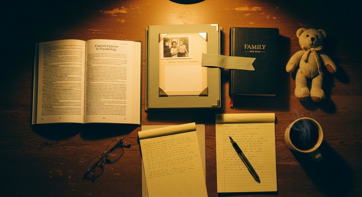An editorial flat-lay photograph from directly above of a worn writing desk in soft amber lamplight under deep teal evening shadow — an open hardback Current Opinion in Psychology volume, an aged family photo album with cream pages and corner-mounted snapshots facing down, a bound family Bible with a sage-green cloth bookmark, a child's small hand-knitted teddy bear placed alongside, a fountain pen on a yellow legal pad with shorthand notes, and a steaming cream ceramic mug — a visual marker for the five-category cascade-of-losses framework Harman, Matthewson and Baker articulated in 2022.