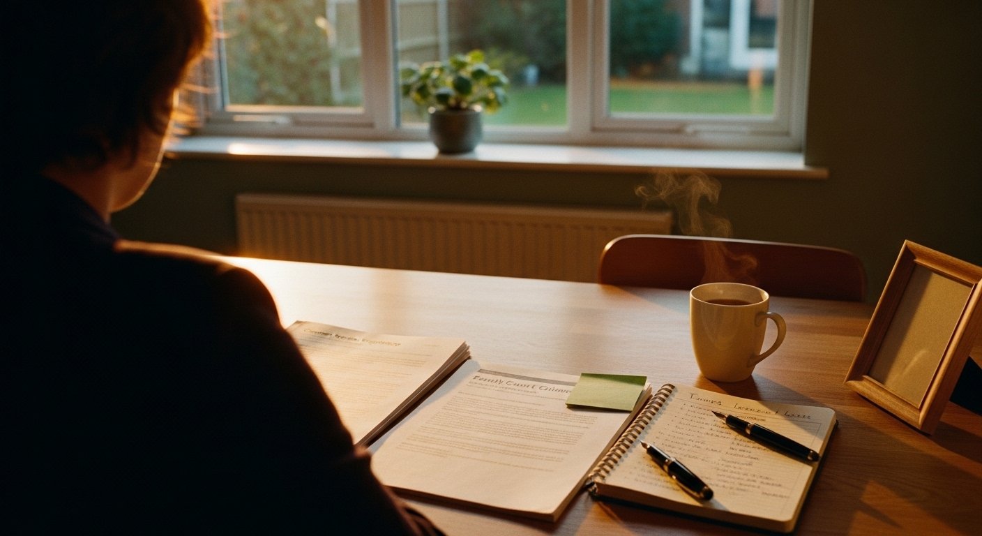 An editorial photograph of a UK alienated parent (head and shoulders only, three-quarter back view, no face visible) sitting alone at a wooden kitchen table at home in soft golden-hour afternoon light, reading through a stack of US and Australian peer-reviewed research papers on the alienated-child experience alongside a UK A4 family-court guidance document, with handwritten margin notes in pencil and a small bound notebook open to a list of named losses — a visual marker for the UK alienated parent reading the cascade-of-losses framework alongside UK family-court practice.