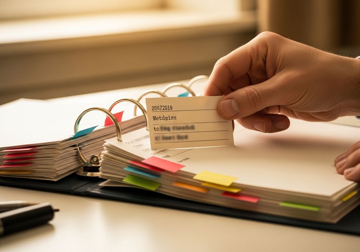 A hand placing a single dated index card into an open ring binder full of tabbed dividers and neatly filed pages on a tidy desk — a quiet editorial image of building the orderly, contemporaneous factual record that a family court can actually read.