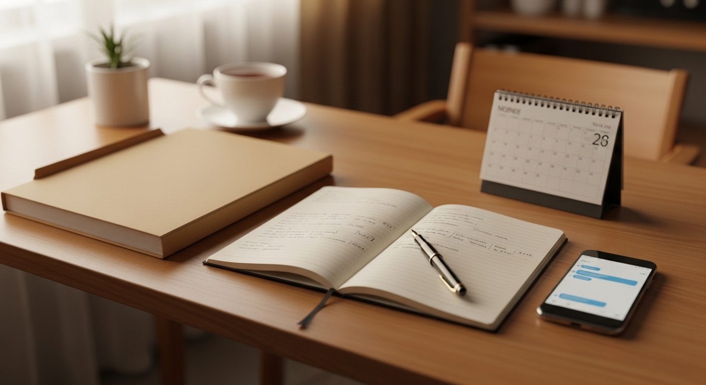 A warm oak desk with a neat manila case file, an open notebook of handwritten dated entries, a fountain pen and a smartphone showing an anonymous message thread — the quiet discipline of the contemporaneous record that underpins how to fight parental alienation.