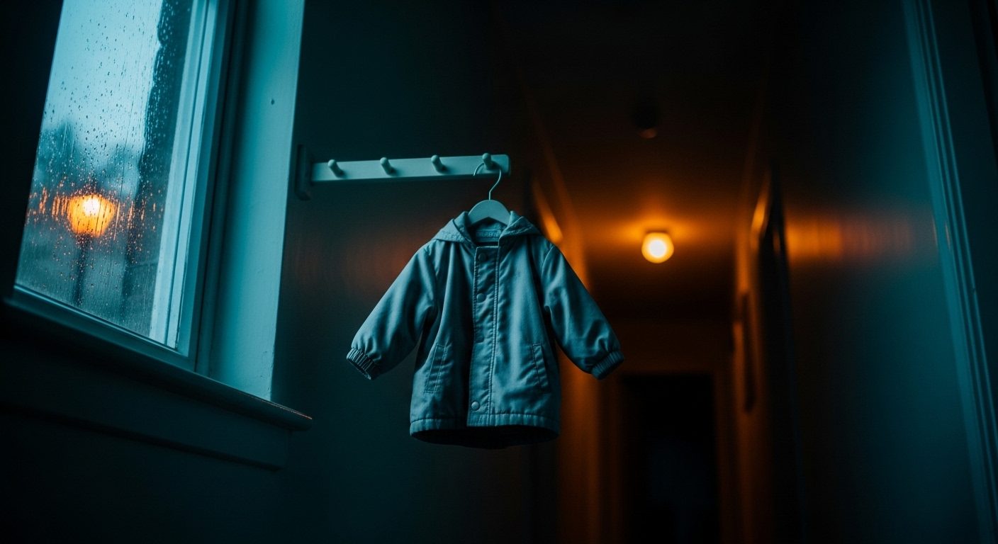 A dimly lit hallway at dusk, viewed from a low child's-height perspective. A small empty coat hangs on a wooden hook in the foreground. A single warm amber lamp glows at the far end of the corridor — a hopeful detail in an otherwise quiet, absent scene. The viewer stands where a child would stand. Editorial photograph illustrating ambiguous loss and the experience of intimate terrorism described in Harman, Kruk and Hines (2018).