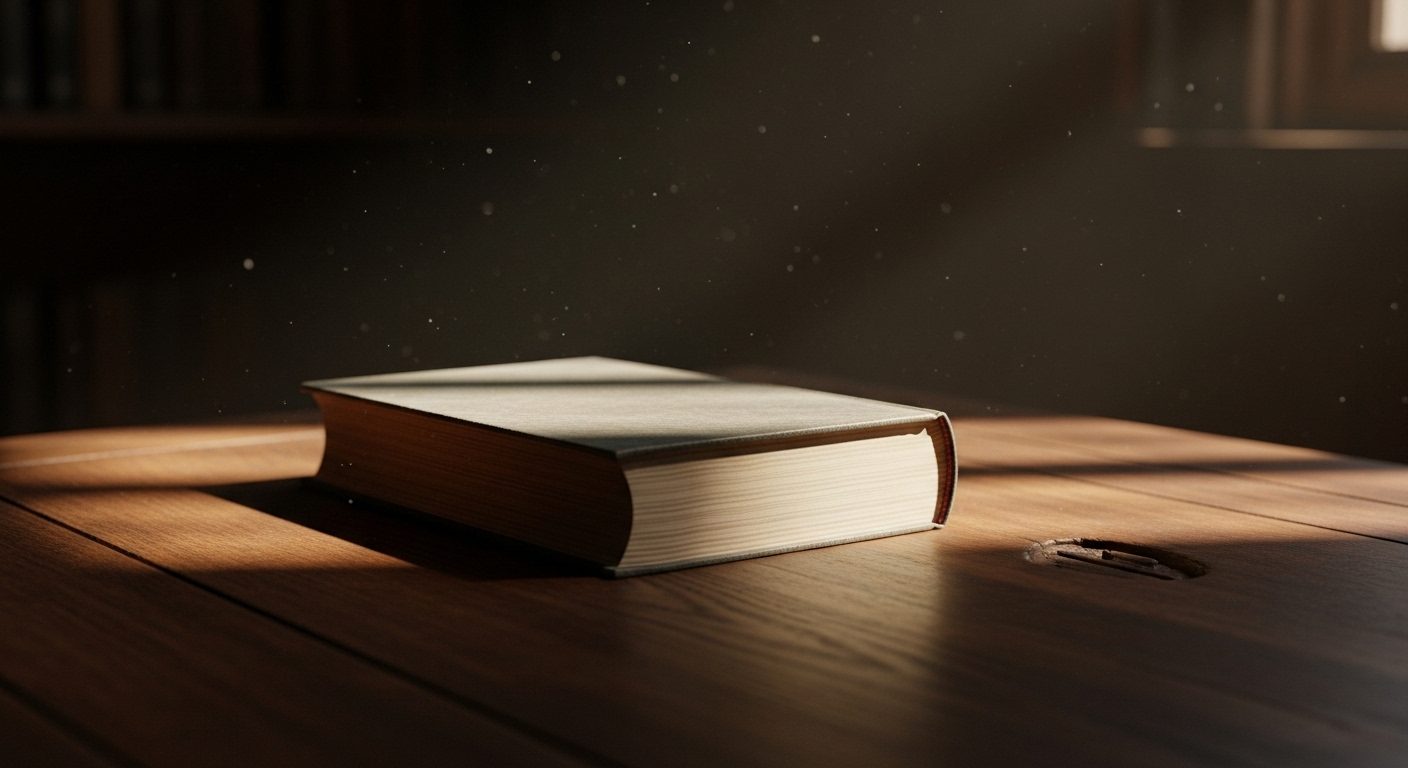 An old hardback book lying closed on a wooden desk in soft light — a visual marker for the clinical study whose finding was misquoted into the '80% of divorces' myth.
