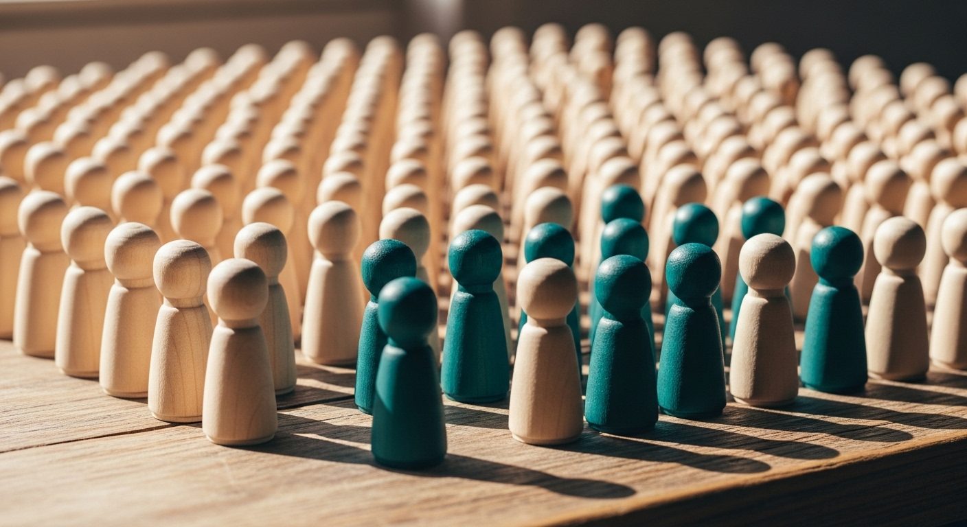 Many small identical wooden figures arranged in rows with only a few marked in a different colour, in soft daylight — a visual marker for a study showing that severe parental alienation is a minority among children of divorce.