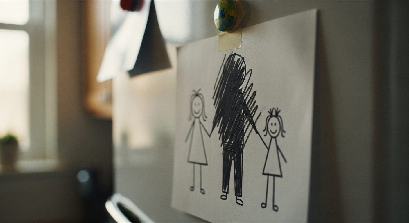 A child's drawing of a family pinned to a fridge with one figure carefully scribbled out, in soft kitchen light — a visual marker for Kelly and Johnston's child-focused reformulation of parental alienation.