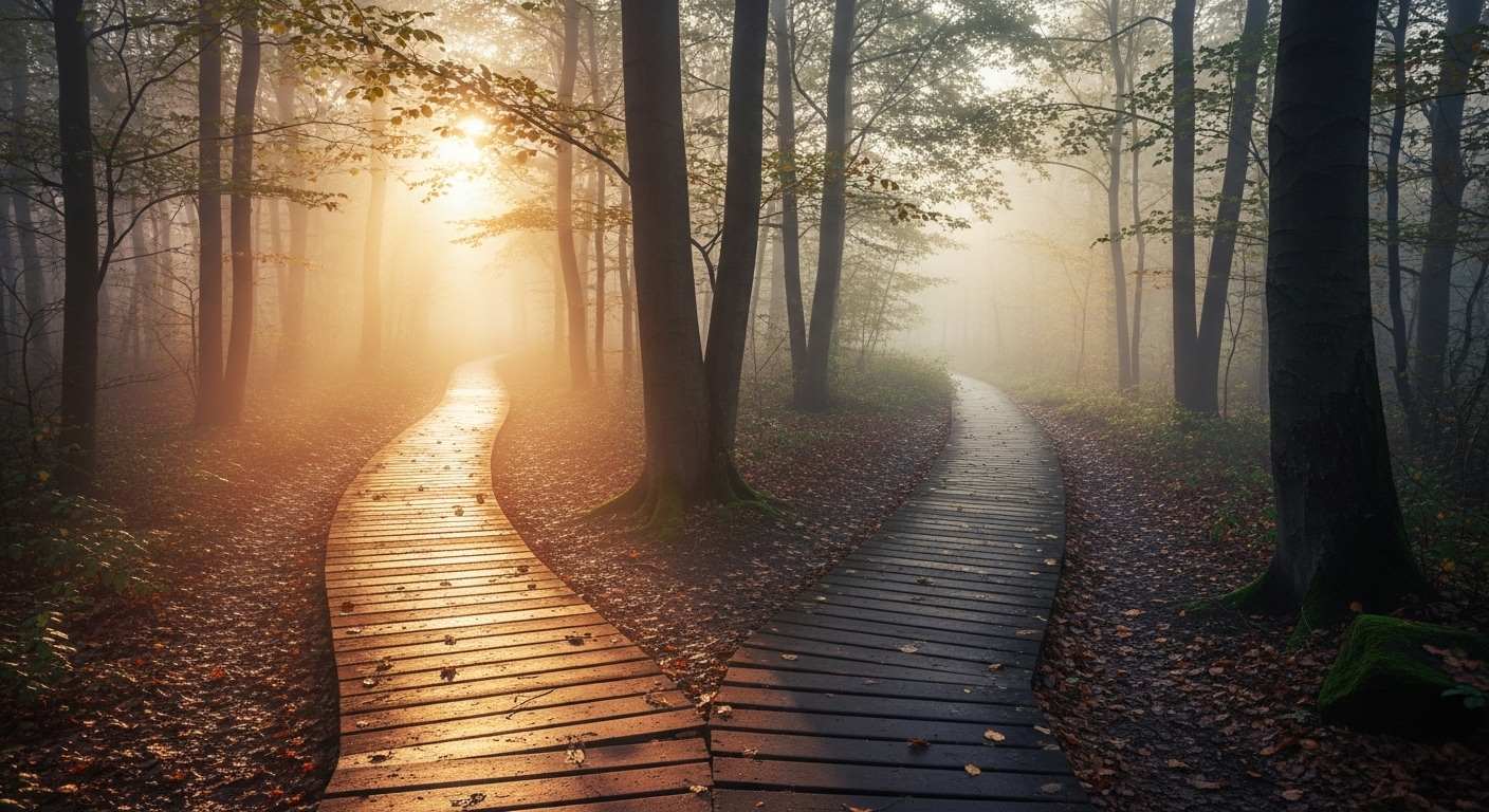 A worn wooden footpath splitting into two directions through quiet woodland at dawn, one path in soft light and one in shadow — a quiet editorial image of the line between alienation and estrangement.