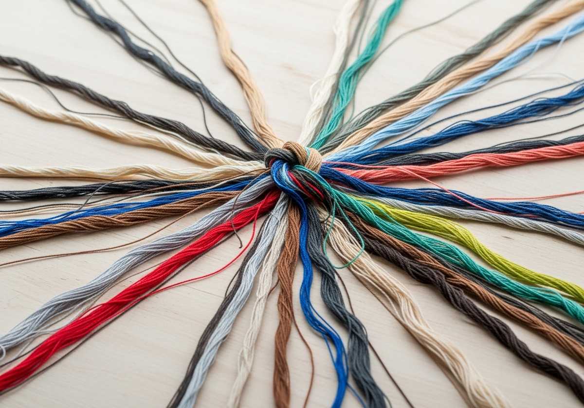 Many coloured threads of different colours laid on a pale wooden table, all converging and knotting at a single point in soft daylight — a quiet editorial image of multiple separate causes meeting in one place.