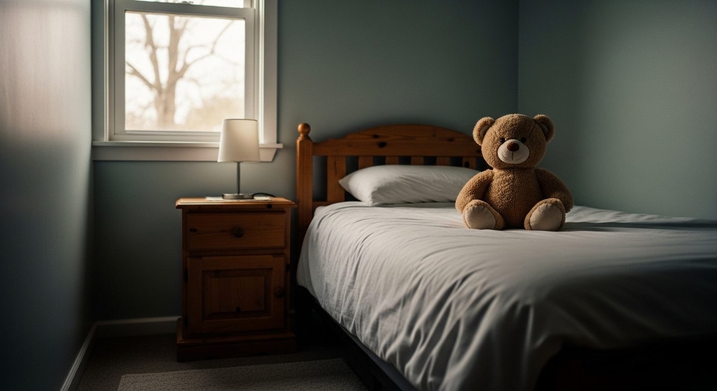 A child's small bedroom with a teddy bear on the bed in soft, quiet daylight — a visual marker for an argument that places the harm of parental alienation on the child.