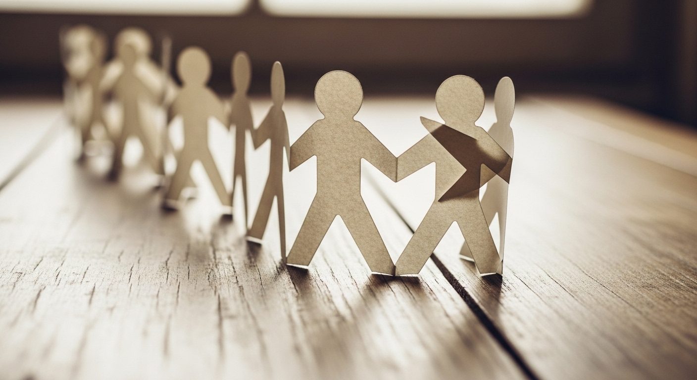 A folded paper-doll chain of figures on a wooden table, with one figure bent away from the others in soft light — a quiet image of a family pulled out of shape.