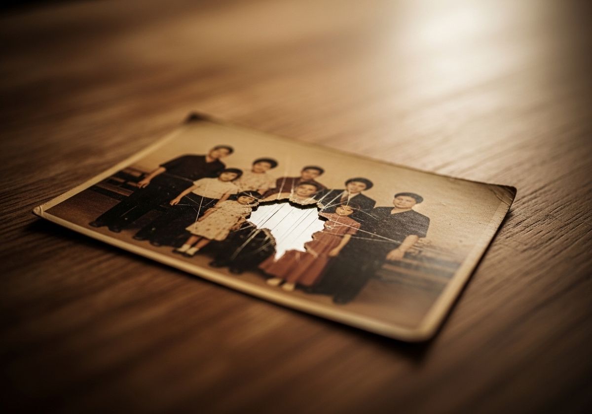 A faded family photograph on a table with one figure scratched and torn away, in soft light — a visual marker for a parent being erased from a child's life, the harm at the centre of Kruk's argument.