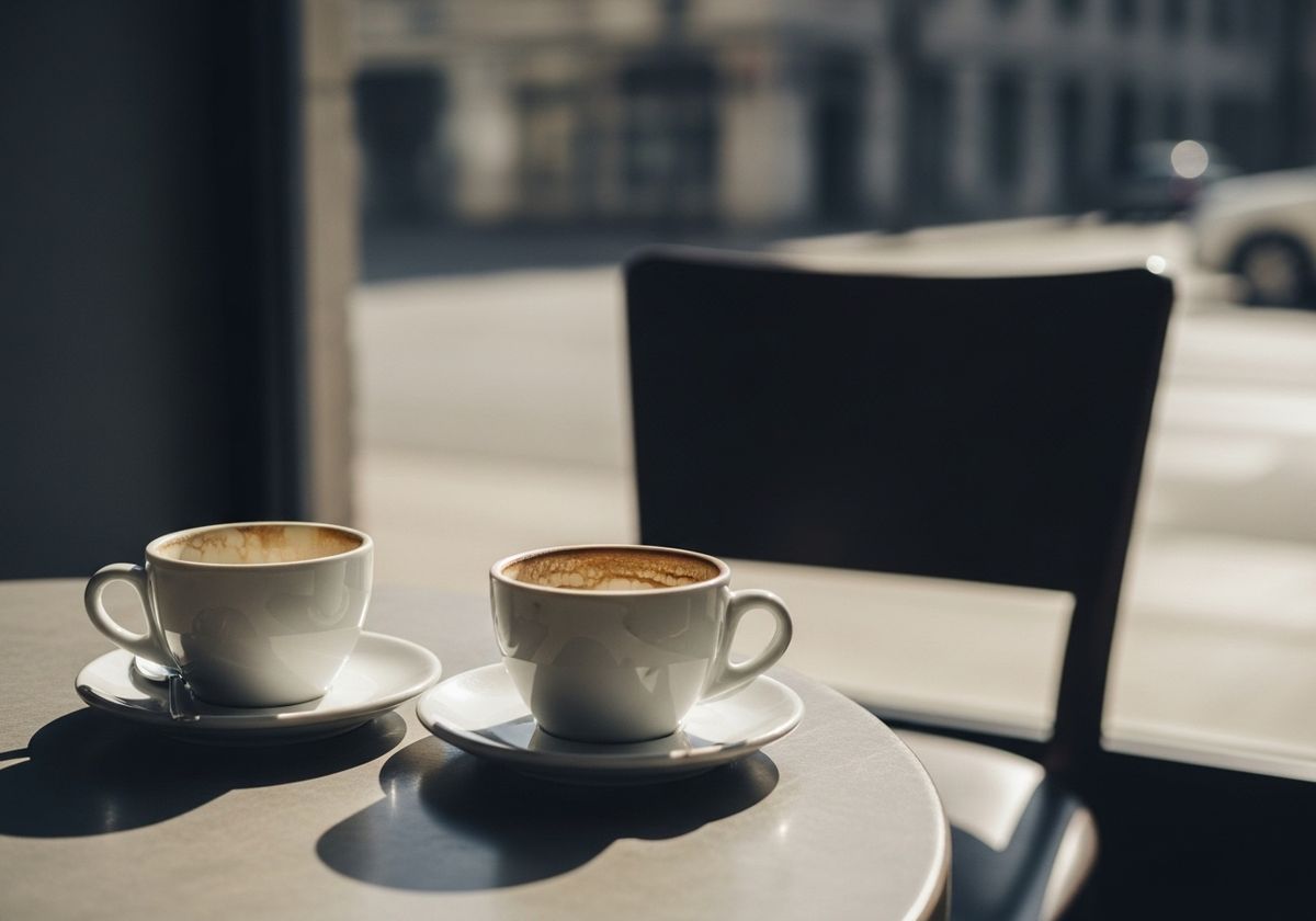 Two empty coffee cups on a small cafe table by a window, one untouched and cold, soft natural daylight — a quiet editorial image of a relationship left waiting and a connection that did not happen.