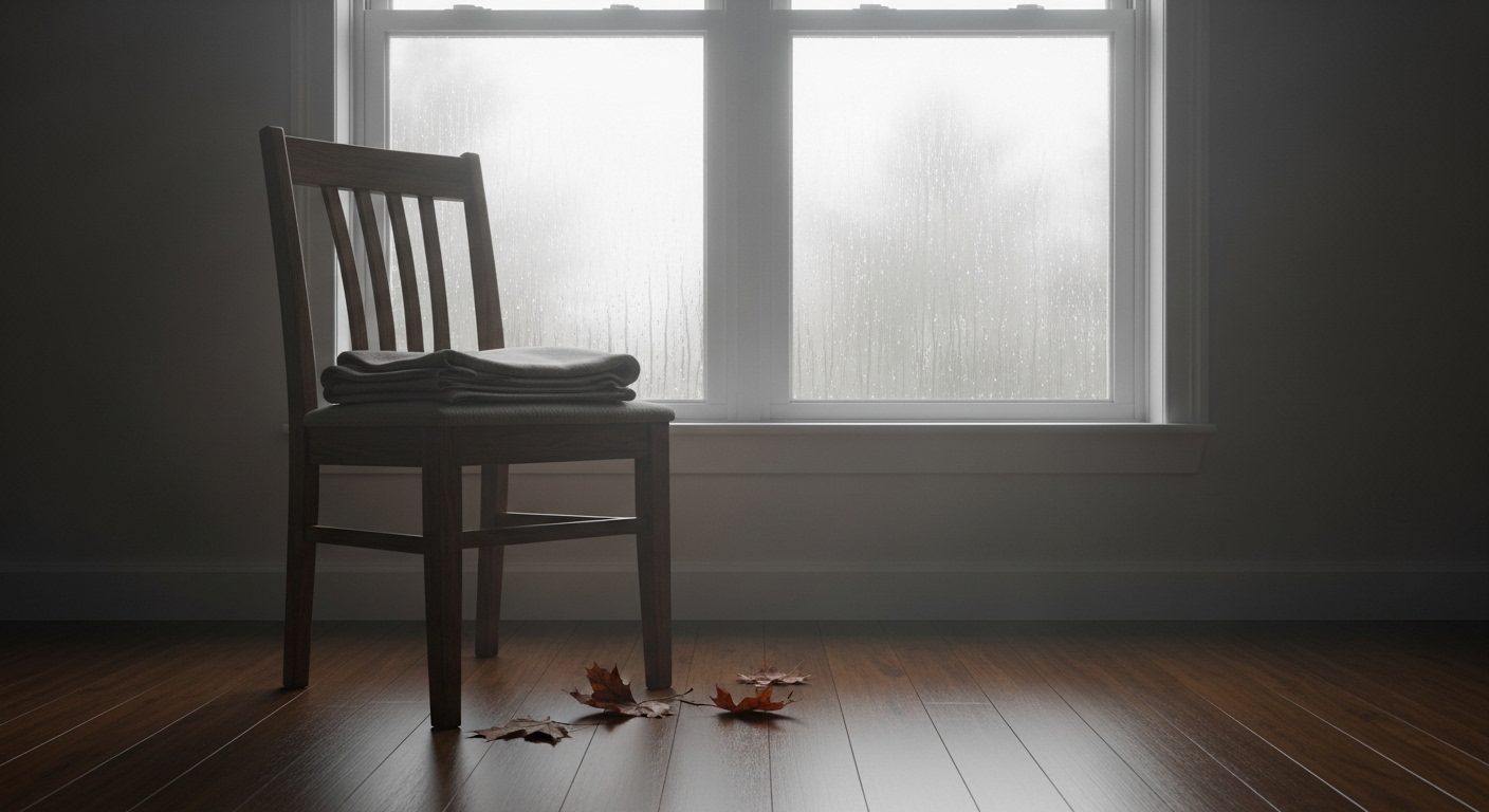 An empty wooden chair beside a rain-streaked window in soft grey morning light, a folded blanket left on the seat — a quiet visual marker for the ambiguous loss targeted parents carry in Lee-Maturana, Matthewson and Dwan's study of parents surviving parental alienation.