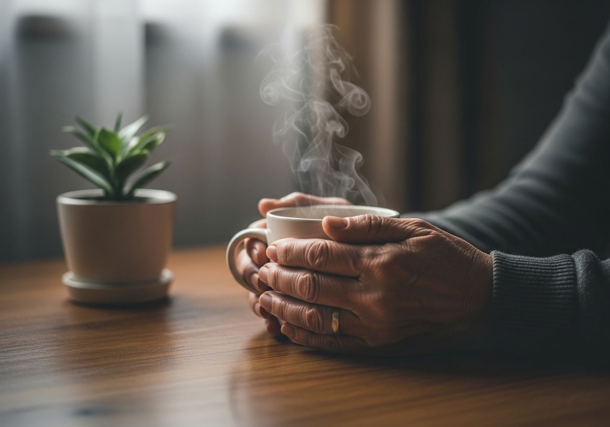 A single pair of hands cupped around a steaming mug of tea on a wooden table by a window in soft morning light, a small potted plant nearby — a quiet editorial image of survival and small daily comfort while carrying grief.