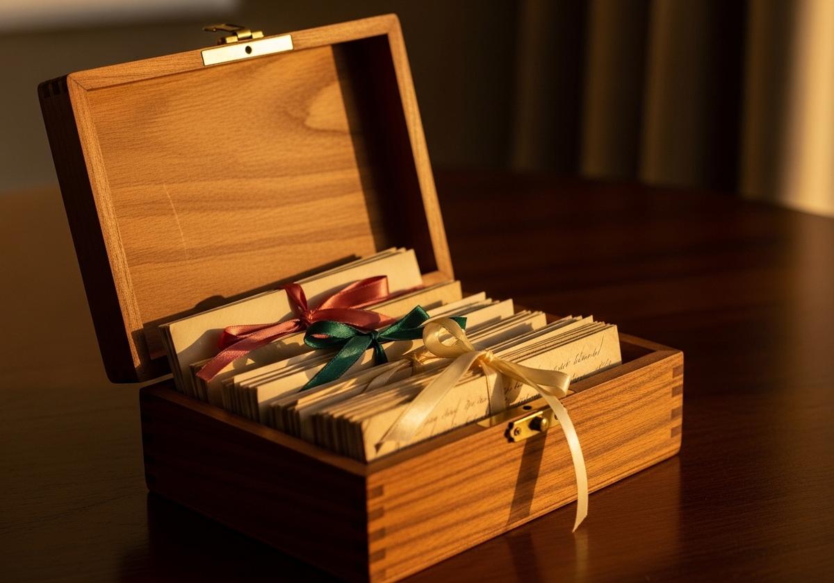 An open wooden keepsake box on a table filled with neat bundles of letters tied with ribbon, in warm window light — a quiet editorial image of years of unsent love kept for a child, ready to give one day.