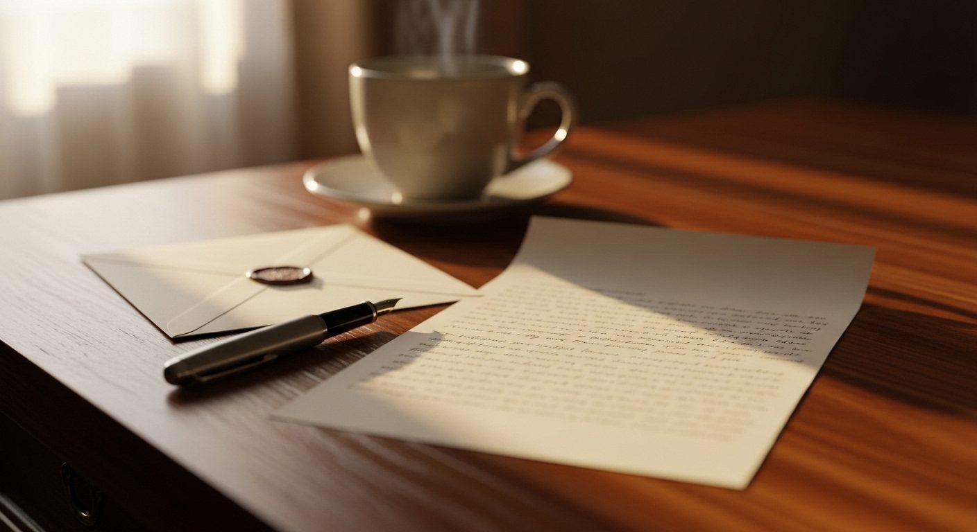 A handwritten letter on cream paper resting on a warm wooden desk beside a fountain pen and a single sealed envelope in soft morning light — tender, deliberate love being set down in words for an alienated child.