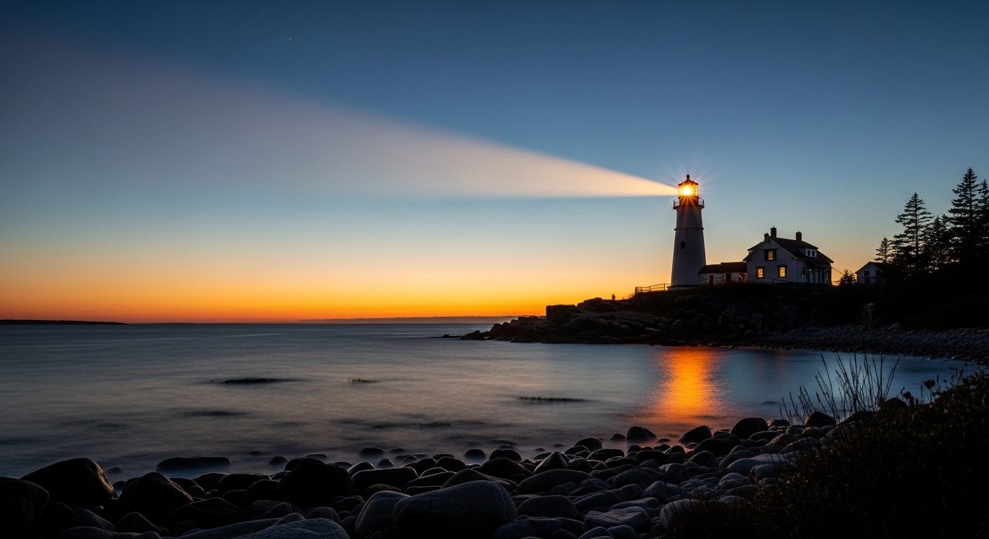 A white lighthouse on a quiet coast at dusk, its warm beam shining steadily out over calm water under a deep blue-and-amber sky — a quiet editorial image of steadfast, patient hope: a light that does not chase the ship but keeps shining so it can find its way home.