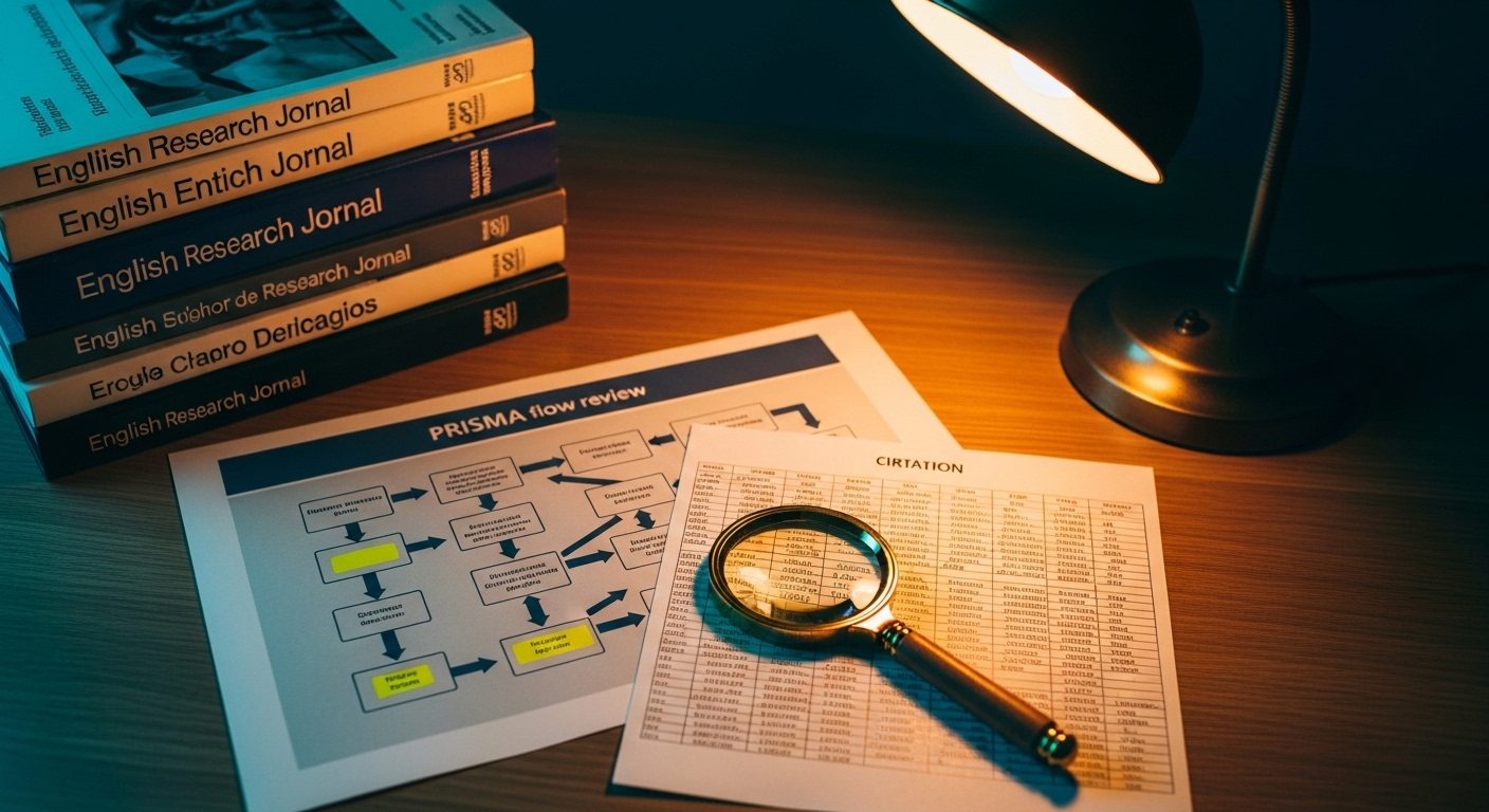 An editorial photograph of a researcher's wooden desk in warm amber lamplight, with a stack of bound research-journal volumes in English and Spanish, an open PRISMA flow-diagram printout, and a magnifying glass resting on a citation table — a visual metaphor for the systematic-review methodology that produced Miralles, Godoy & Hidalgo's 2023 synthesis of 13 studies on the long-term emotional consequences of childhood parental alienation exposure.