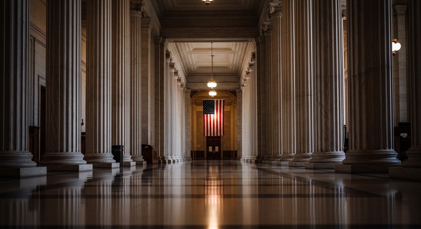 A long marble courthouse corridor with tall columns and an American flag in soft daylight — a quiet image of the United States court system that this 34-year study examined.