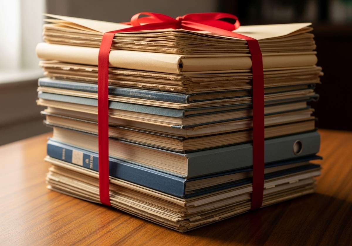 A tall stack of legal case files and manila folders tied with ribbon on a desk in soft light — a visual marker for the nearly 1,200 court cases reviewed in the study.