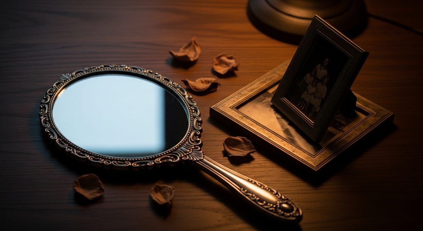 An ornate antique silver hand-mirror lying face-up on a dark walnut table catching a sliver of cold light, beside a vintage family photograph in a tarnished frame turned face-down — a visual metaphor for narcissism and the severed family bond that defines narcissistic parental alienation.