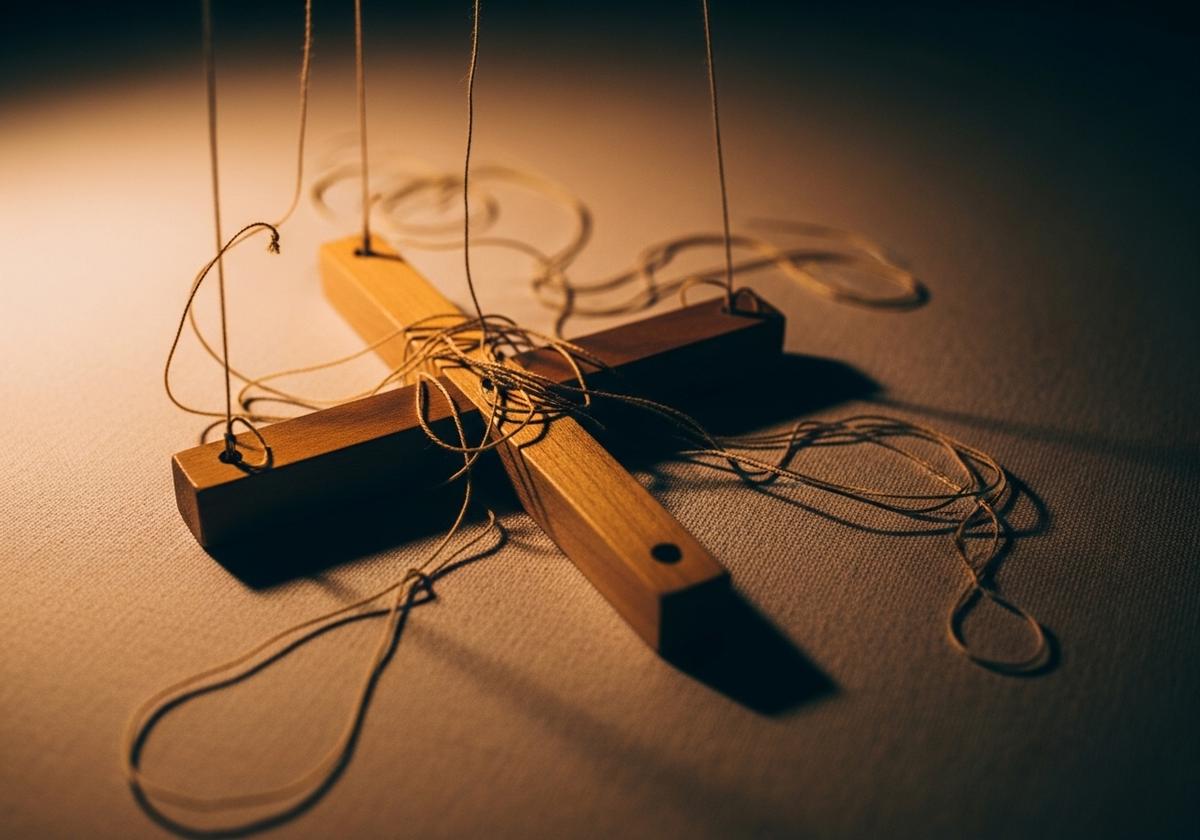 A wooden marionette control bar resting on pale linen with several puppet strings hanging loose and tangled, one or two cut and frayed, no puppet attached — a quiet editorial metaphor for control, manipulation, and the recruitment of others that runs through narcissistic parental alienation.