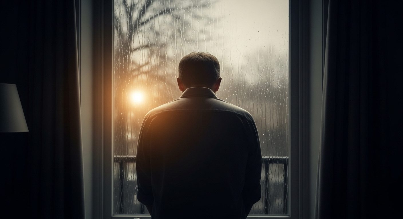 A single adult figure seen from behind in soft silhouette at a tall rain-streaked window, looking out at a blurred grey afternoon, warm lamplight glowing faintly behind them — a quiet editorial image of the grief and isolation a targeted parent carries, and the dignity of holding steady through it.