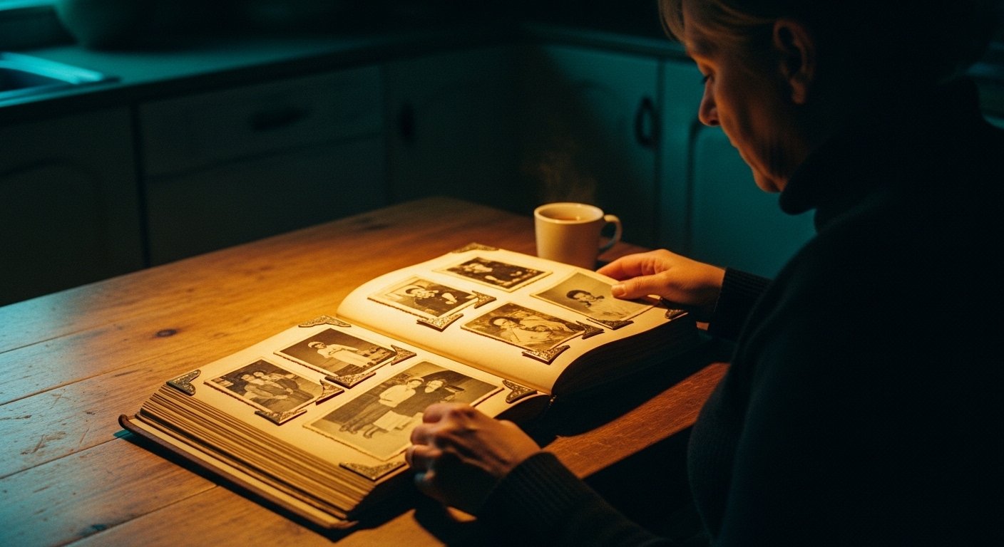 An editorial photograph of an adult sitting alone in soft amber lamplight at a wooden table, slowly turning the pages of a worn family album whose oldest photographs have been carefully kept and whose more recent pages stand empty. Light falls warm across the open spread; the background recedes into deep teal shadow. The composition conveys an adult quietly recalling a childhood relationship that was disrupted and never fully restored — the lived experience the Bentley & Matthewson 2020 study documents through ninety-minute interviews with ten alienated adult children.