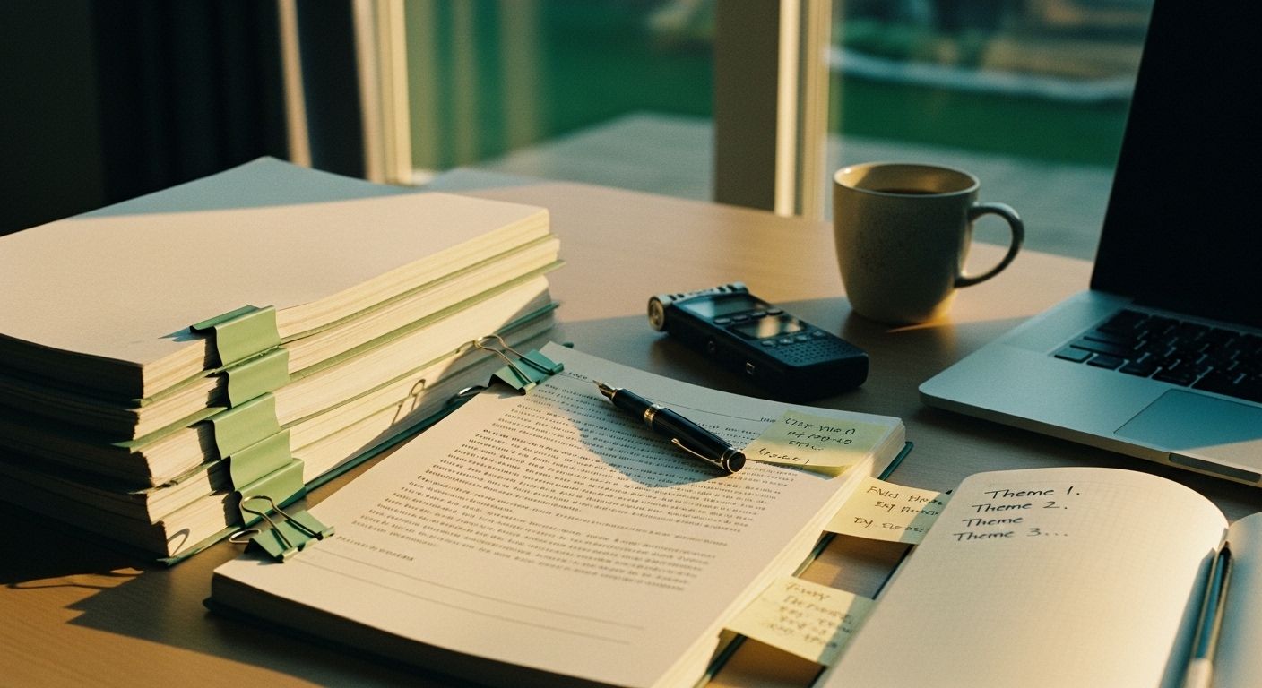 An editorial photograph of a qualitative researcher's desk in golden-hour light with three thick interview transcripts bound in sage-green clips, an open transcript with handwritten margin notes, a fountain pen, a voice recorder, and an open notebook listing 'Theme 1, Theme 2, Theme 3' — a visual metaphor for the Braun & Clarke thematic-analysis methodology Bentley & Matthewson applied to ten 60–90 minute interview transcripts in their 2020 study.