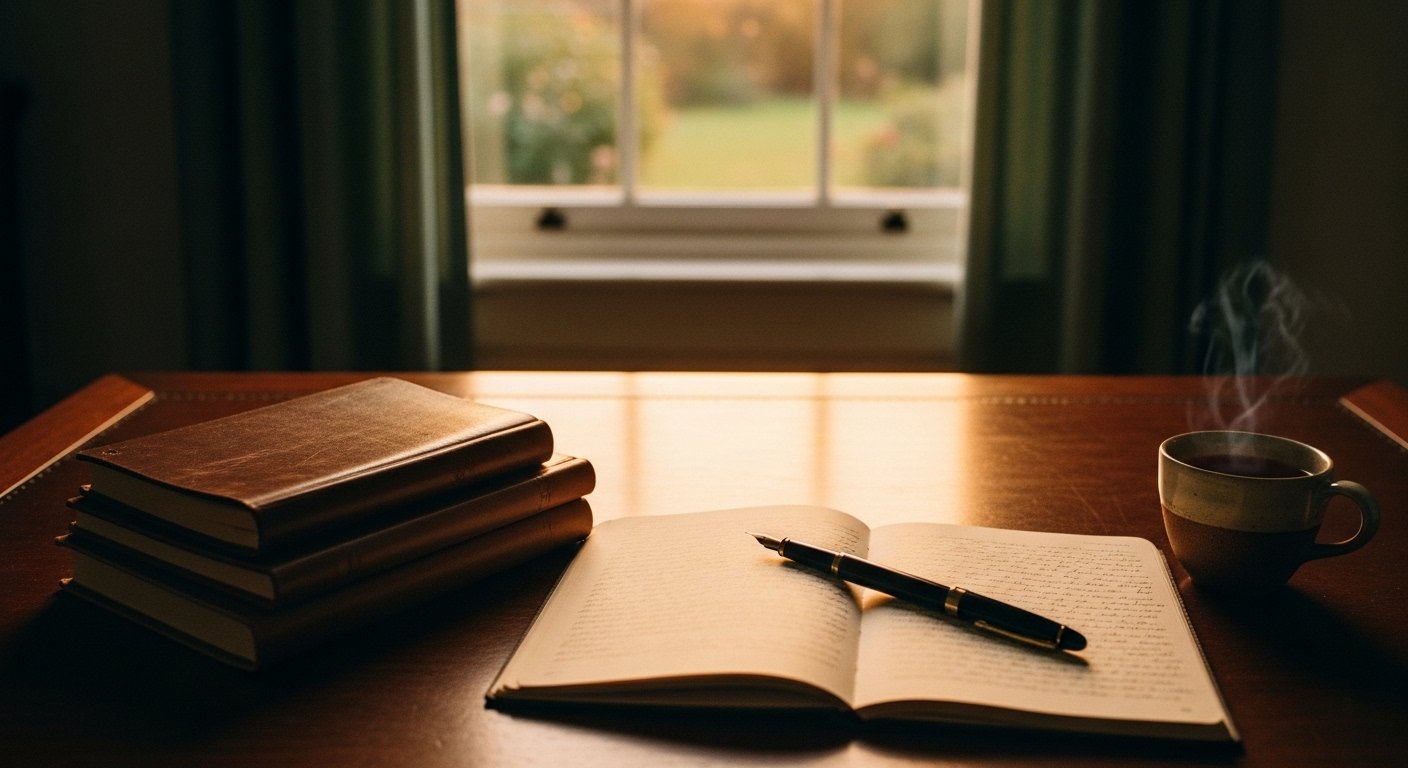 An editorial photograph of a quiet wooden writing desk in late afternoon light. On the desk sit a stack of three weathered notebooks, a fountain pen resting across an open page, and a small ceramic cup half-full of tea. A window in the background opens onto a garden in soft amber light. The composition conveys the slow, patient work of an adult writing back into their own history — putting the alienation experience into language for the first time, the kind of meaning-making the seventh theme of the Bentley & Matthewson 2020 paper documents across the sample.