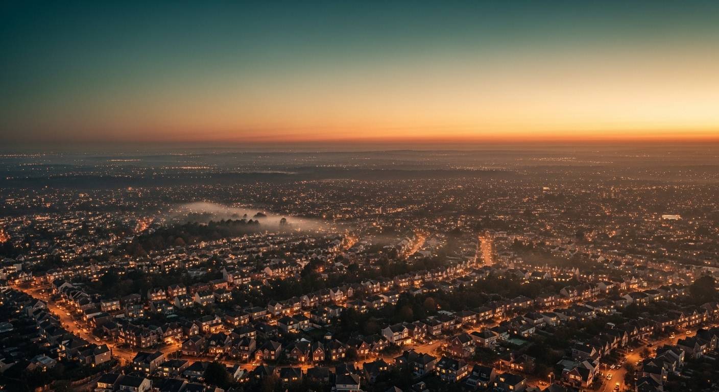 An aerial cinematic view of a vast suburban landscape at dusk, warm amber-lit windows stretching to the horizon under a teal-indigo sky — a visual metaphor for the scale of parental alienation across individual family homes established by Harman, Leder-Elder & Biringen's 2019 prevalence study.