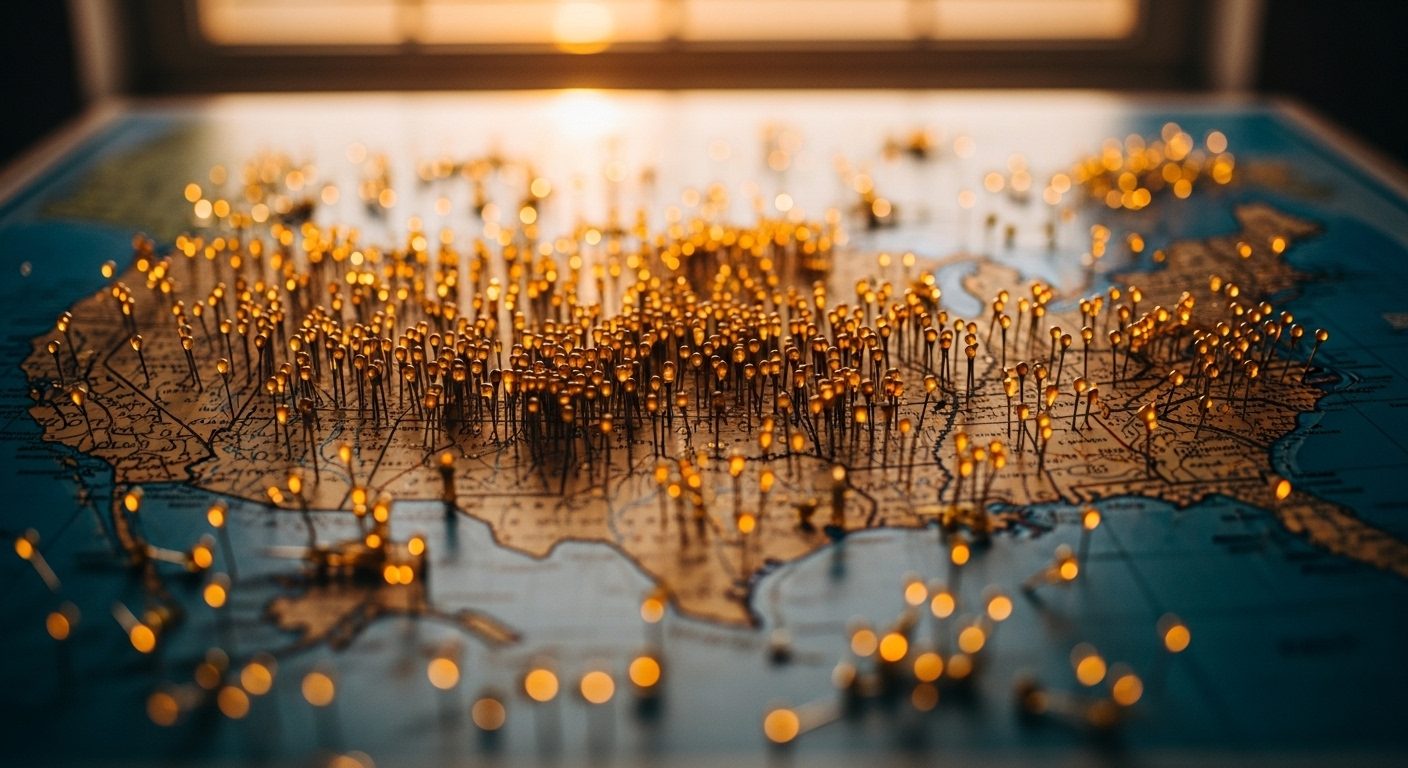 An aerial editorial photograph of a pin-board map of the United States at golden hour, covered with hundreds of small amber and warm-honey pins distributed across every state — concentrated in major metropolitan areas but present in every region. Soft amber light, deep teal corner shadows. Composition conveys the geographic ubiquity of a population-level harm: 22 million separated parents, every region, every demographic.
