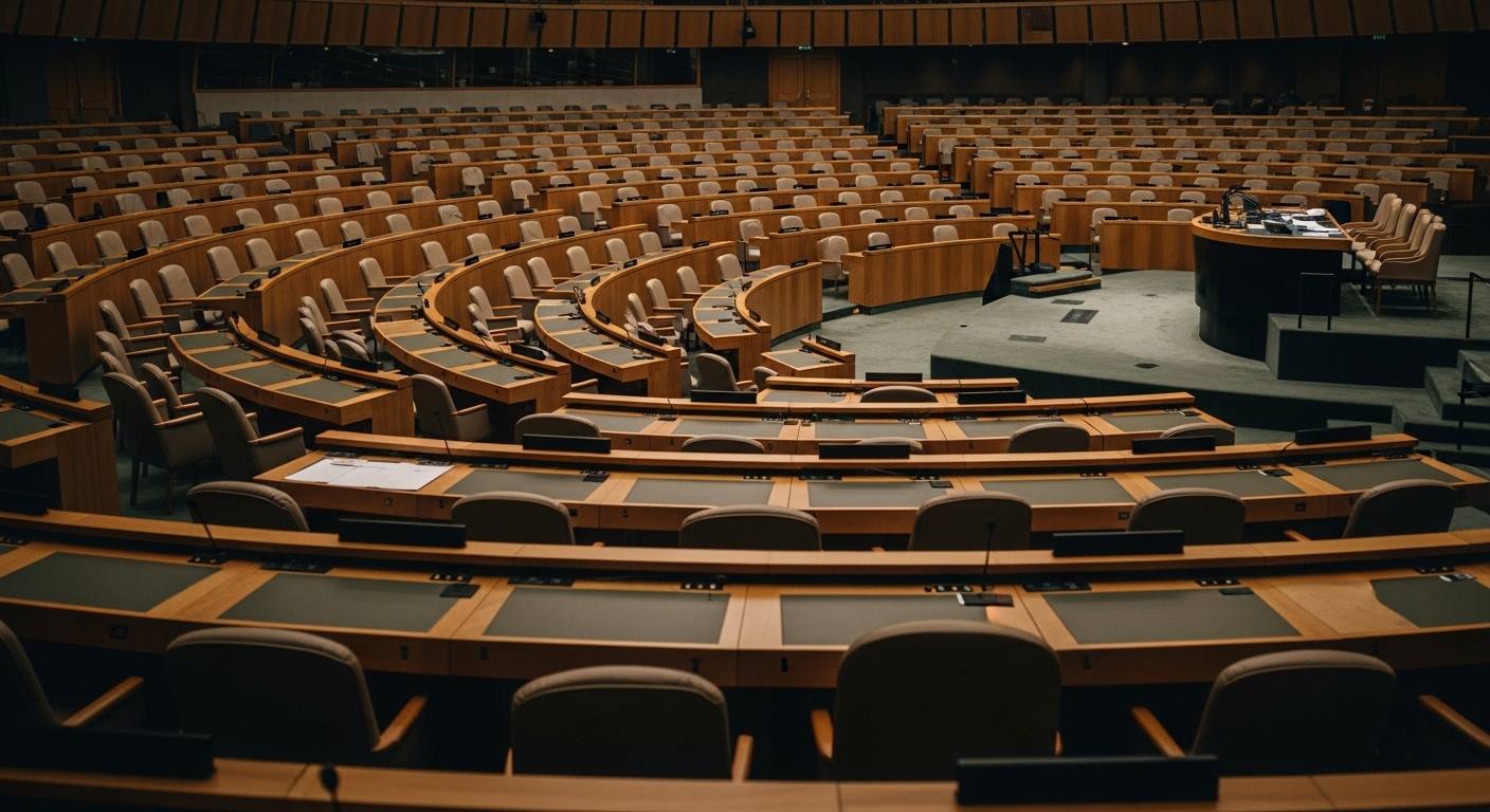 An empty formal international assembly chamber with rows of seats and a speaker's podium in soft light — a visual marker for a human-rights policy position issued by a UN body.