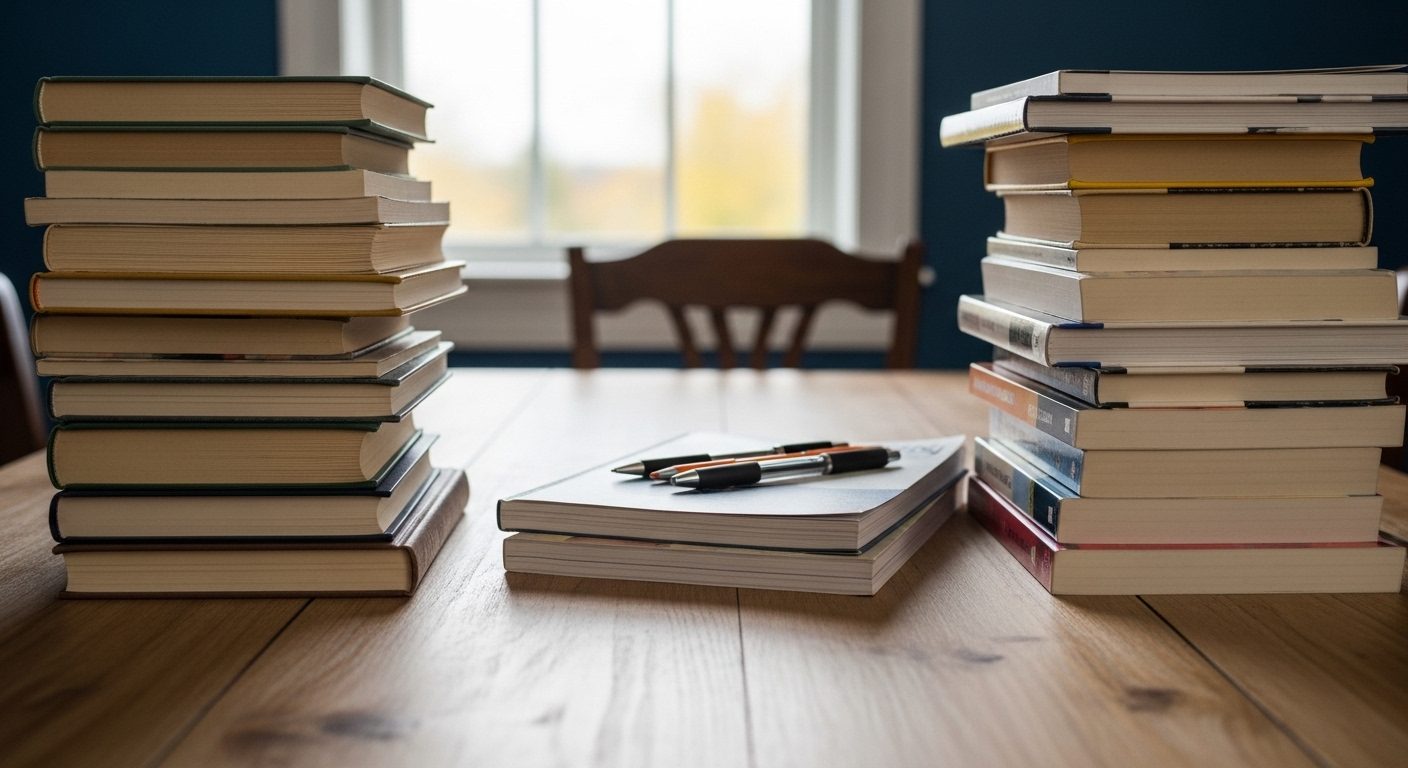 Two opposing stacks of books and journals facing each other across a wooden table in cool daylight — a visual marker for a genuinely contested scientific and legal debate.