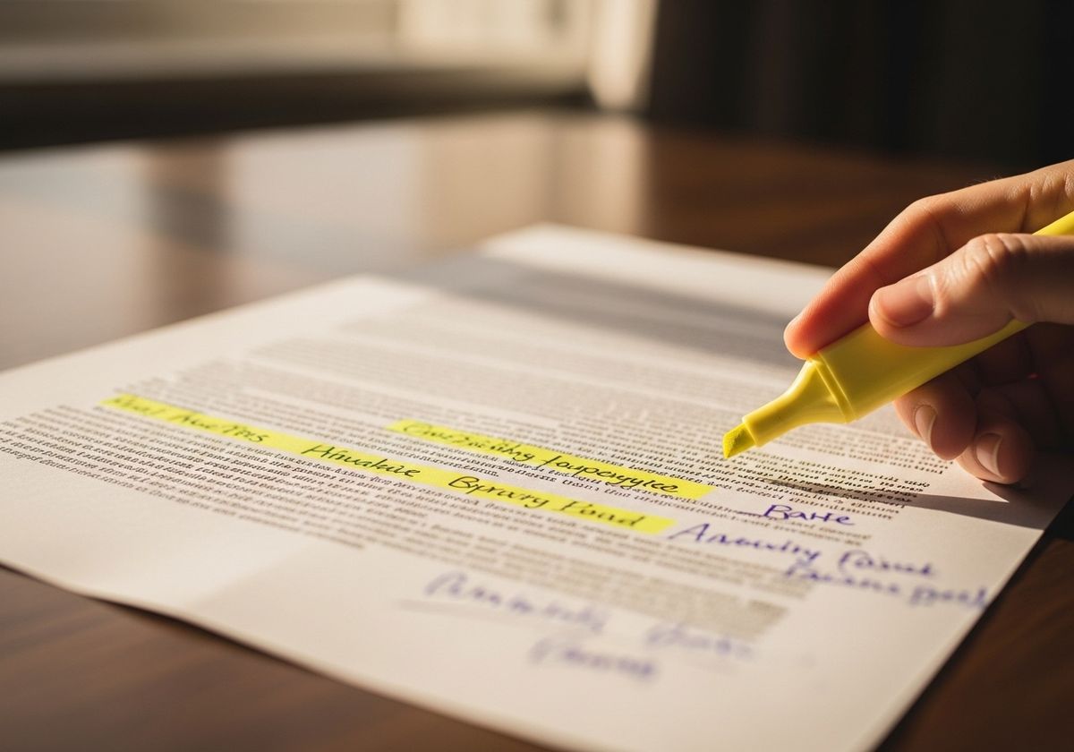 A printed legal document on a desk with several passages highlighted and annotated in the margins, in cool daylight — a visual marker for contested evidence read closely from both sides.