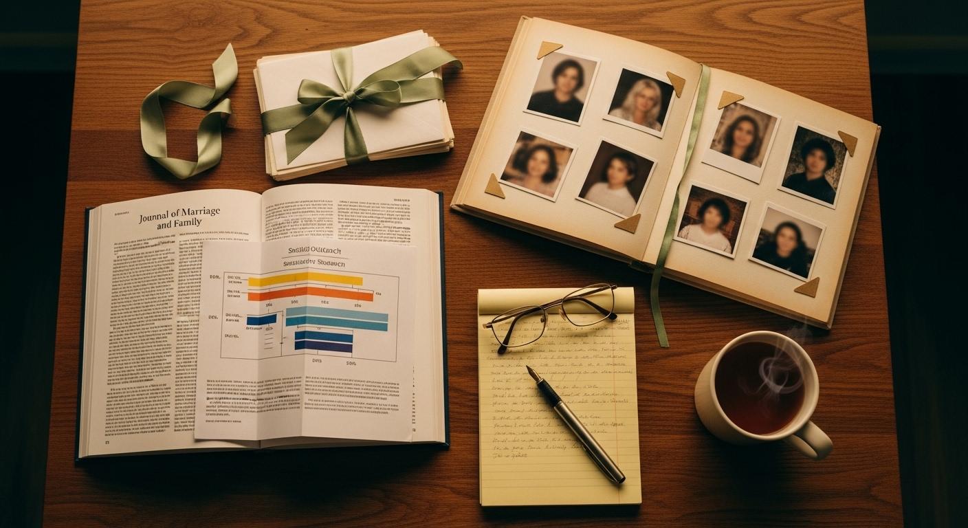 An editorial flat-lay photograph from directly above of a quiet kitchen table at golden hour — a hardback Journal of Marriage and Family volume open to a folded population-research diagram, an aged family photo album with cream pages and corner-mounted snapshots, a stack of handwritten letters tied with sage-green ribbon, a fountain pen on a yellow legal pad with shorthand notes, a pair of folded reading glasses, and a steaming cream ceramic mug — a visual marker for the longitudinal nationally-representative US estrangement-and-reconciliation study Reczek, Stacey & Thomeer published in 2023.
