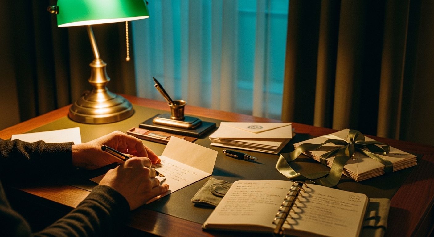 An editorial photograph of a parent's hands at a wooden writing desk in soft amber lamplight under deep teal evening shadow — a fountain pen mid-stroke on a folded ivory letter, a stack of unsealed envelopes addressed to an adult child (no legible address), a small bound notebook open to a recent dated entry (text not legible), and a sage-green ribbon-tied bundle of older returned letters at the corner of the desk — a visual marker for the patient correspondence-keeping that bridges years of estrangement at the population-level reconciliation pathway Reczek, Stacey & Thomeer document.