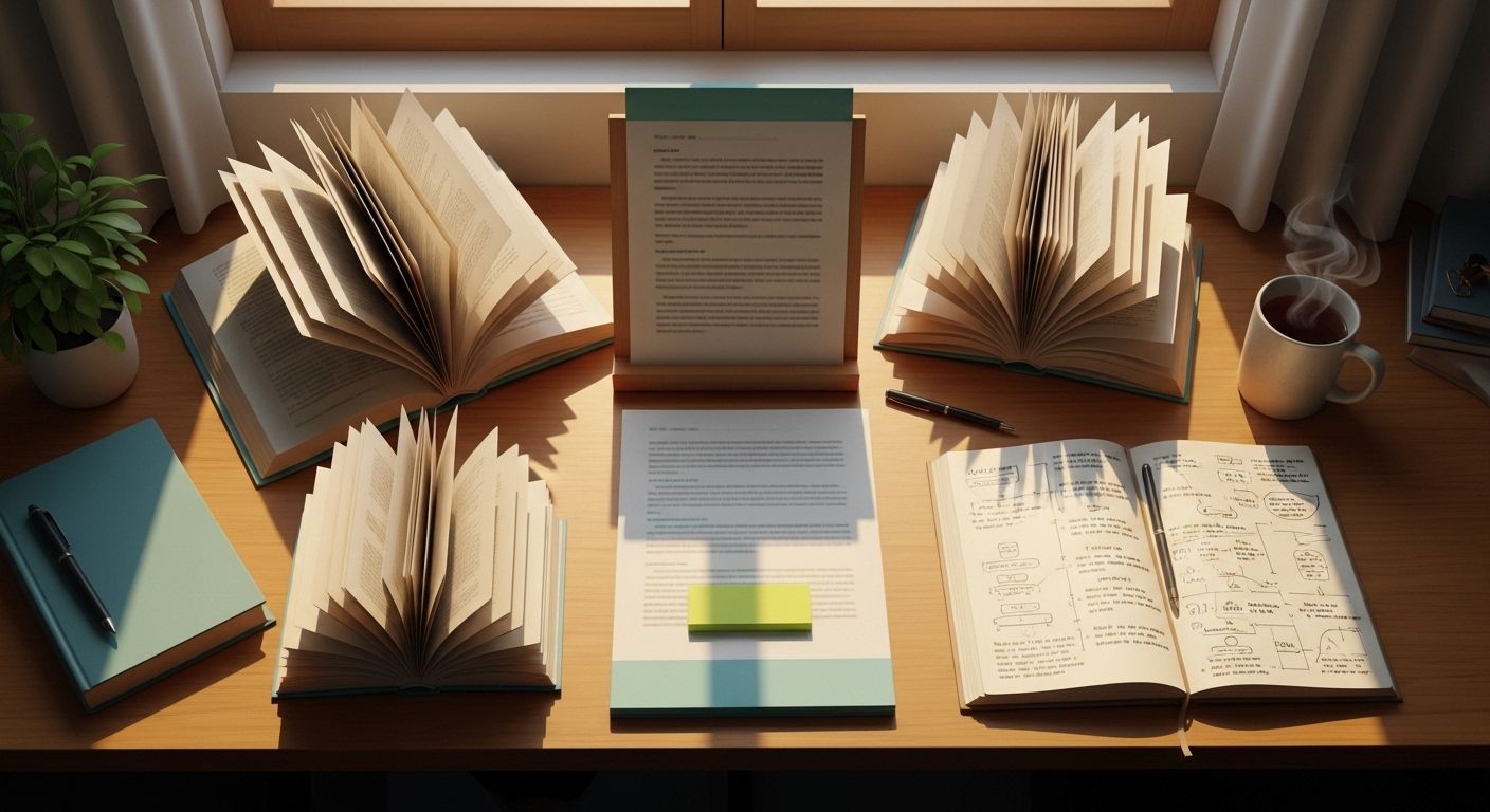 Organised desk with books and notes — resources for alienated parents