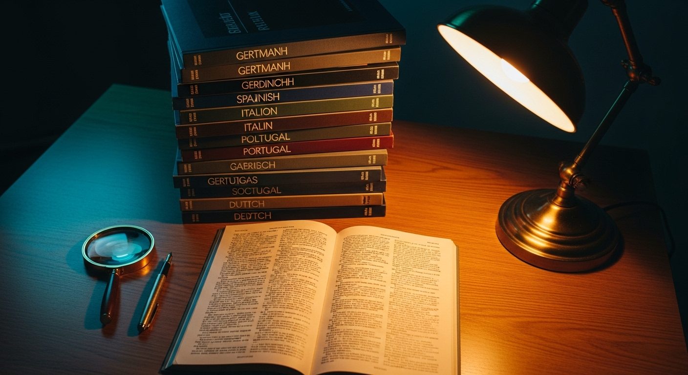 An editorial photograph of a researcher's desk in warm amber lamplight, with a tall stack of bound peer-reviewed journals labelled in different languages — German, Spanish, Italian, French, Polish, Portuguese — and a printed bibliography page lying open on top, showing dense citation rows — a visual metaphor for the 213 empirical studies in 10 languages that Harman, Warshak, Lorandos & Florian's 2022 Developmental Psychology review surveyed to test the scientific status of parental alienation.