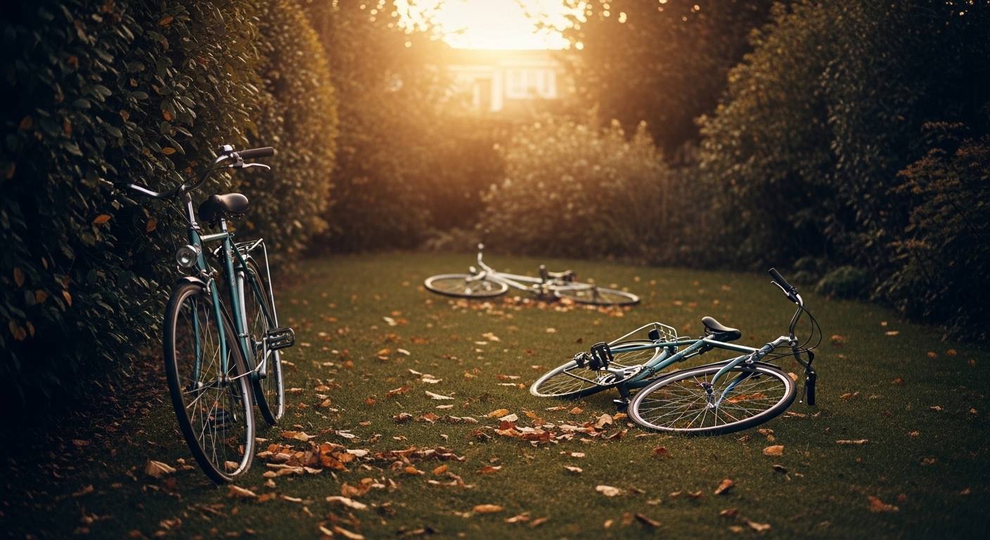 Two children's bicycles in a quiet back garden at golden hour, one standing upright and one lying fallen on the grass a few metres apart — a quiet editorial image of separation and a sibling bond left on the ground.
