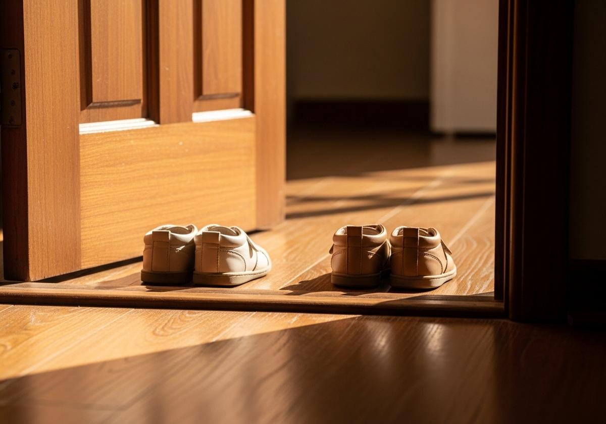 Two pairs of small children's shoes on a warm wooden floor, divided by an open doorway threshold — a visual image of sibling alienation: two children who belong side by side, separated by the rift between them.