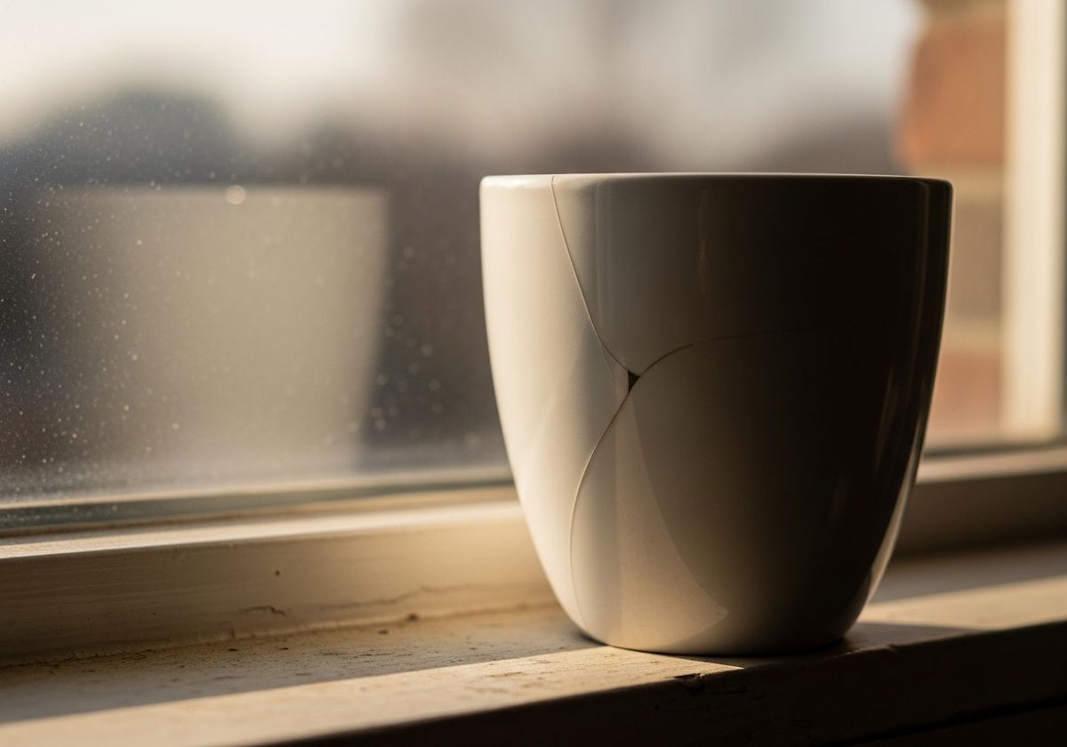 A plain white ceramic cup on a windowsill with a fine hairline crack running through it, in soft daylight — a visual marker for damage that is real but easy to miss.