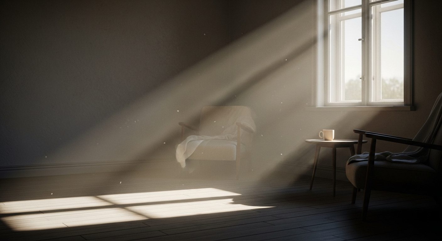 Soft, diffuse daylight falling through a window across a quiet, empty room in muted tones — a visual marker for harm that is present but unseen.