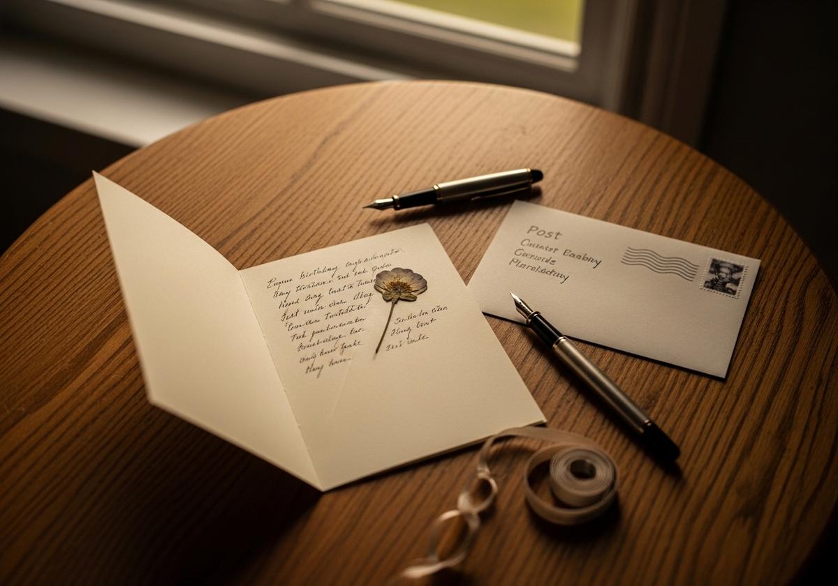 A handwritten birthday card on a kitchen table with a stamped envelope, a small ribbon, and a fountain pen — photographed in soft warm afternoon light — the small, repeated act of sending a card whether or not it is received, the relational anchor an alienated grandparent maintains across the years.